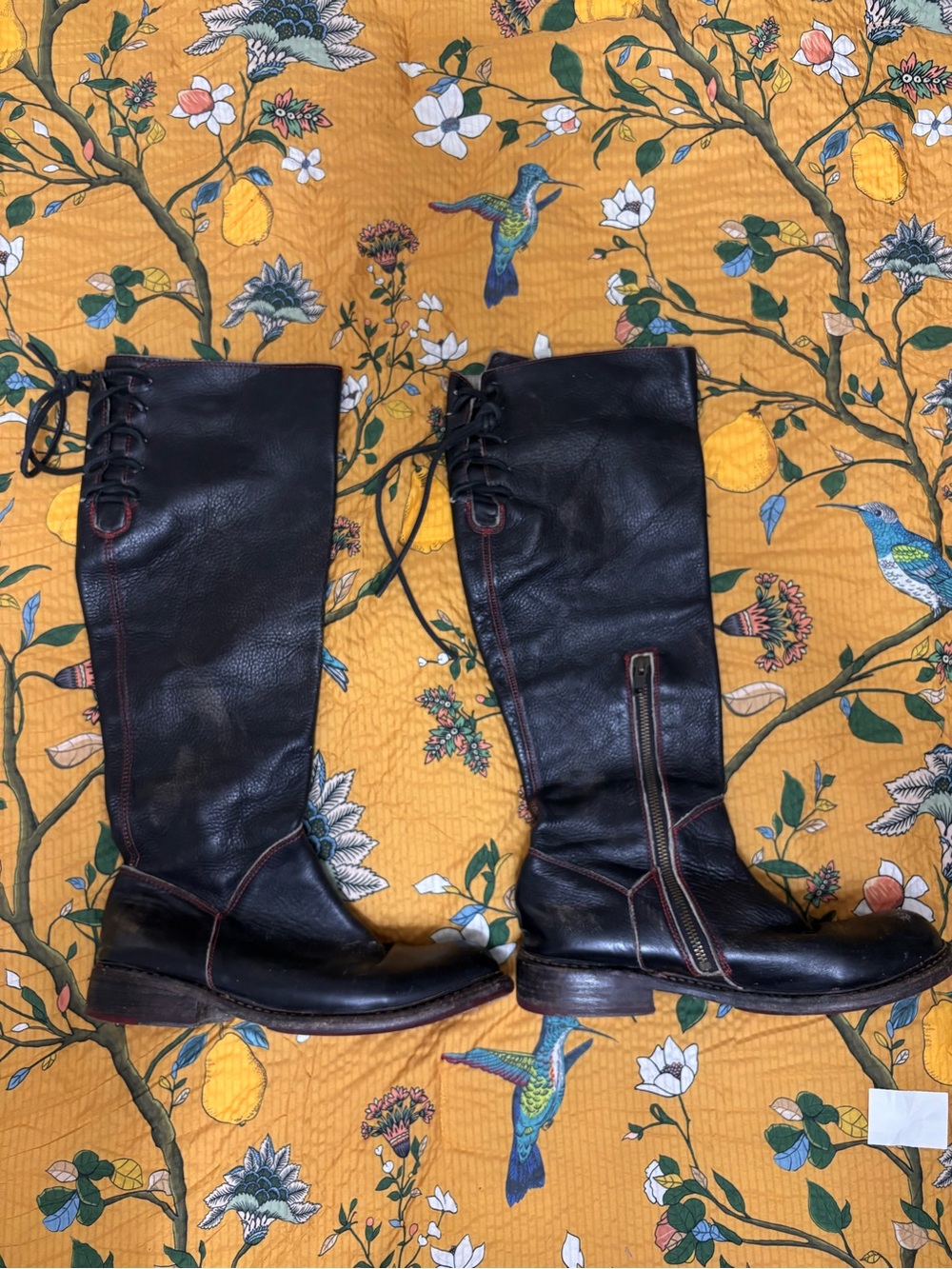 Bed Stu Black Leather Lace-Up Knee Boots with Contrast Stitching